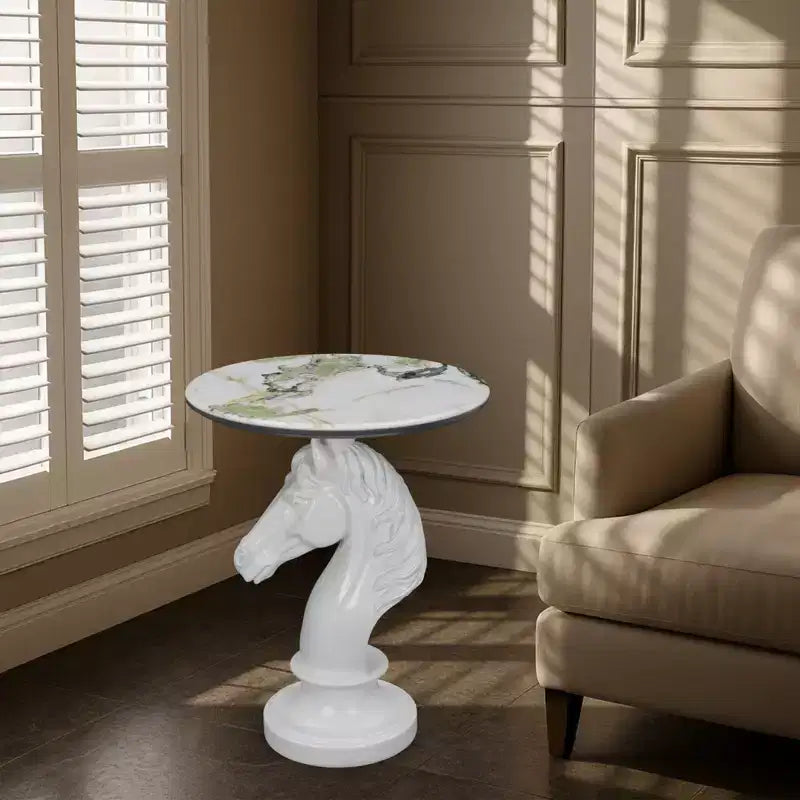 White Horse Head Accent Table, Animal Statue End Table for Living Room