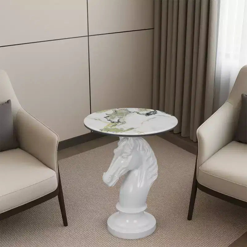 White Horse Head Accent Table, Animal Statue End Table for Living Room