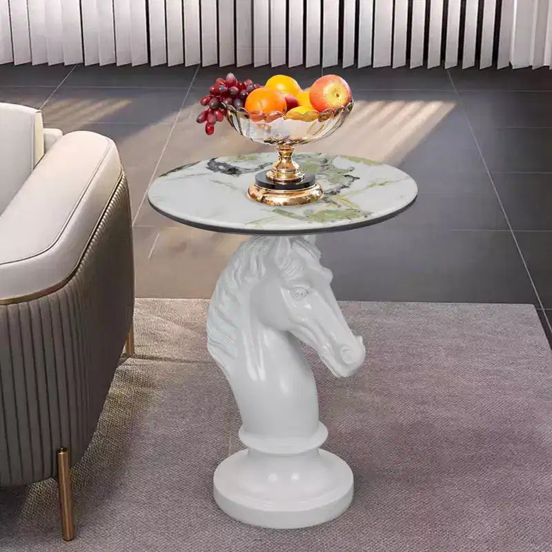 White Horse Head Accent Table, Animal Statue End Table for Living Room