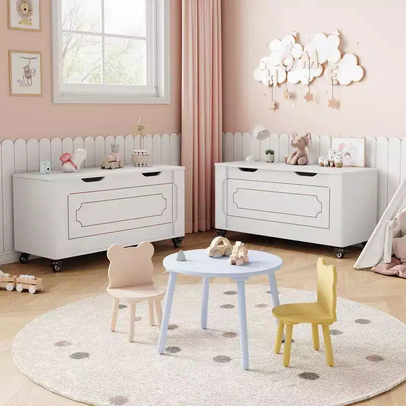 Modern Wooden Entryway Storage Bench with Wheels Lift-Top Chest, 2 Safety Hinges, Rounded Corners, 350 lbs Capacity, Shoe and Blanket Trunk, White