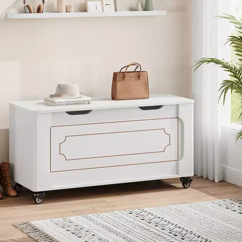 Modern Wooden Entryway Storage Bench with Wheels Lift-Top Chest, 2 Safety Hinges, Rounded Corners, 350 lbs Capacity, Shoe and Blanket Trunk, White