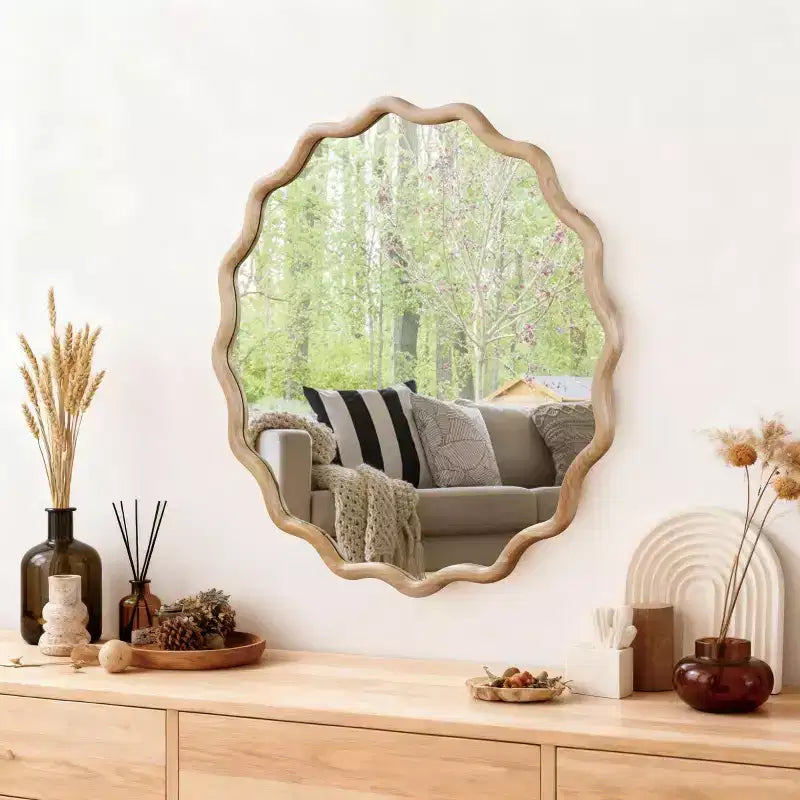 Specchio da Parete Rotondo Decorativo con Design Ondulato, Specchio Moderno d'Accento per Camera da Letto, Bagno, Soggiorno, Ingresso
