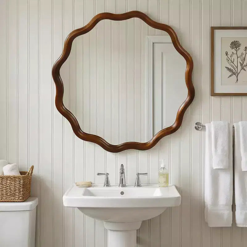 Specchio da Parete Rotondo Decorativo con Design Ondulato, Specchio Moderno d'Accento per Camera da Letto, Bagno, Soggiorno, Ingresso