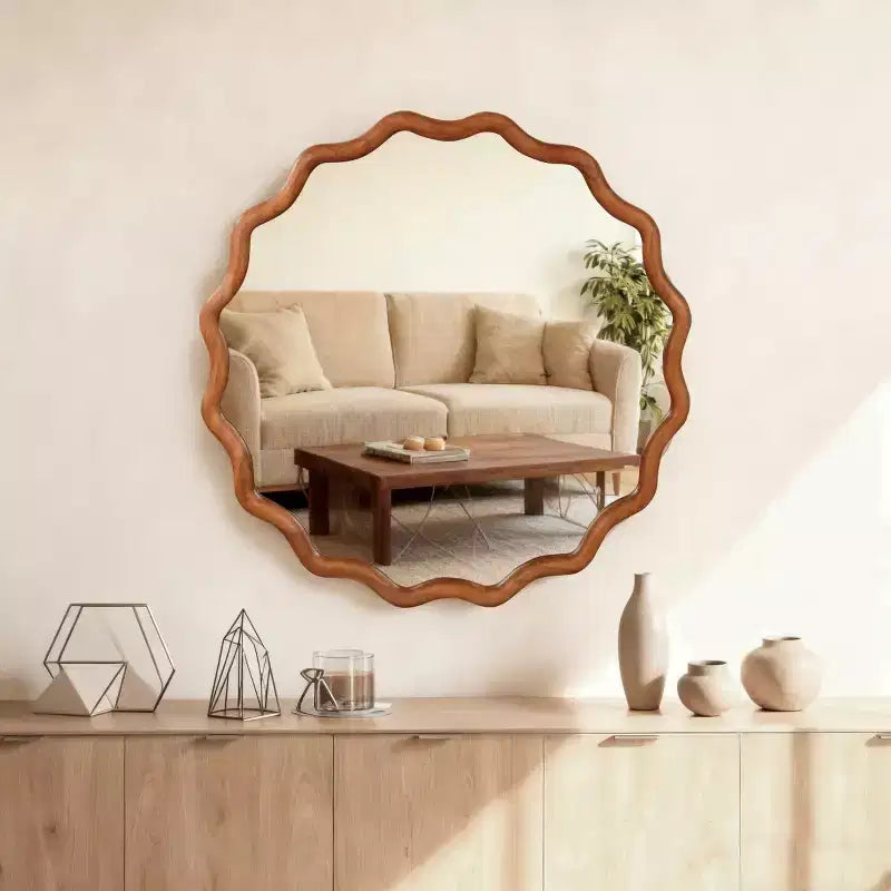 Specchio da Parete Rotondo Decorativo con Design Ondulato, Specchio Moderno d'Accento per Camera da Letto, Bagno, Soggiorno, Ingresso