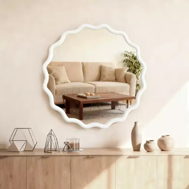 Specchio da Parete Rotondo Decorativo con Design Ondulato, Specchio Moderno d'Accento per Camera da Letto, Bagno, Soggiorno, Ingresso
