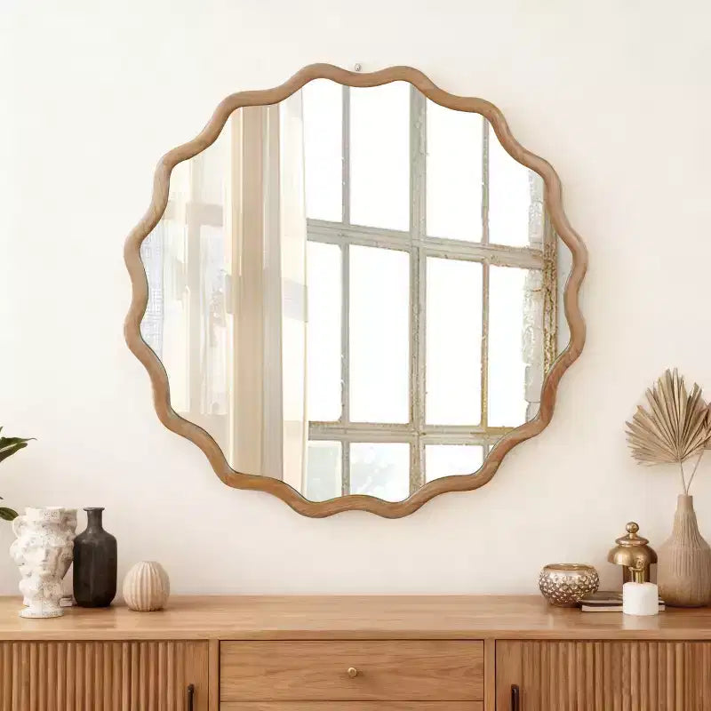 Specchio da Parete Rotondo Decorativo con Design Ondulato, Specchio Moderno d'Accento per Camera da Letto, Bagno, Soggiorno, Ingresso