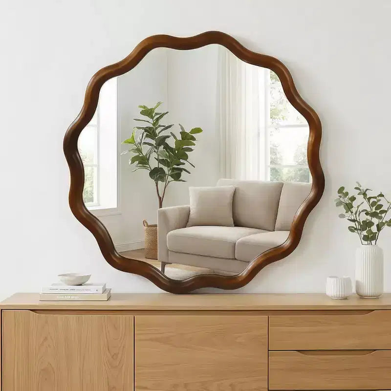 Specchio da Parete Rotondo Decorativo con Design Ondulato, Specchio Moderno d'Accento per Camera da Letto, Bagno, Soggiorno, Ingresso