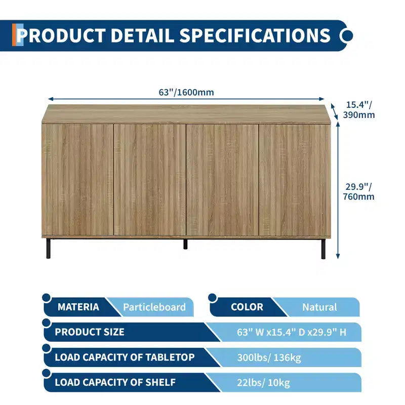 Sideboard Buffet Cabinet with 4 Doors, 63in Fluted Modern Accent Coffee Bar Credenza Storage Cabinet Console Table with Adjustable Shelves, Oak