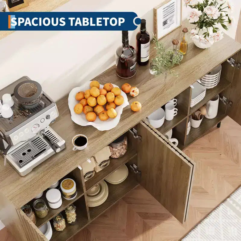 Sideboard Buffet Cabinet with 4 Doors, 63in Fluted Modern Accent Coffee Bar Credenza Storage Cabinet Console Table with Adjustable Shelves, Oak