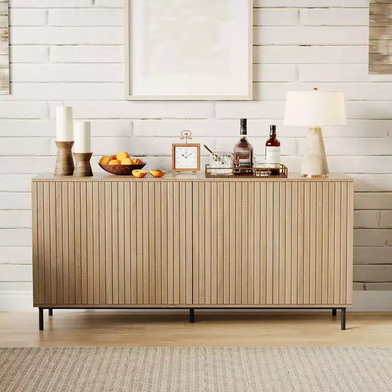 Sideboard Buffet Cabinet with 4 Doors, 63in Fluted Modern Accent Coffee Bar Credenza Storage Cabinet Console Table with Adjustable Shelves, Oak