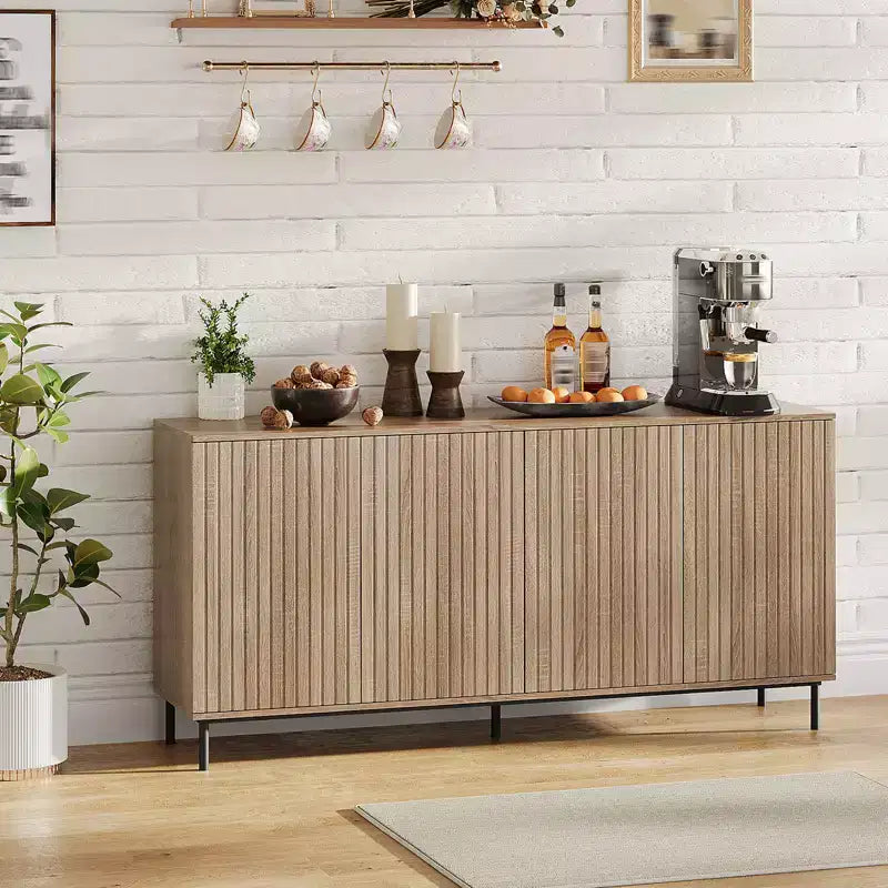 Sideboard Buffet Cabinet with 4 Doors, 63in Fluted Modern Accent Coffee Bar Credenza Storage Cabinet Console Table with Adjustable Shelves, Oak