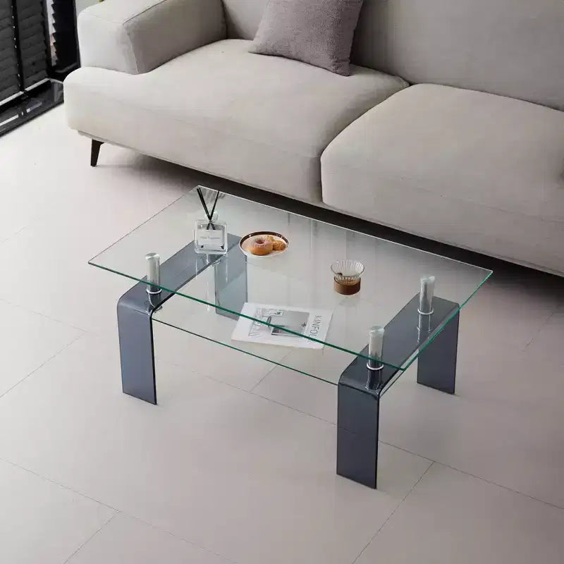 Tempered Glass Coffee Table, 2-Tier Modern Center Table with Storage and Smoke Gray Legs for Living Room