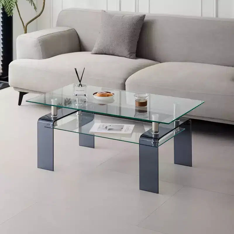 Tempered Glass Coffee Table, 2-Tier Modern Center Table with Storage and Smoke Gray Legs for Living Room