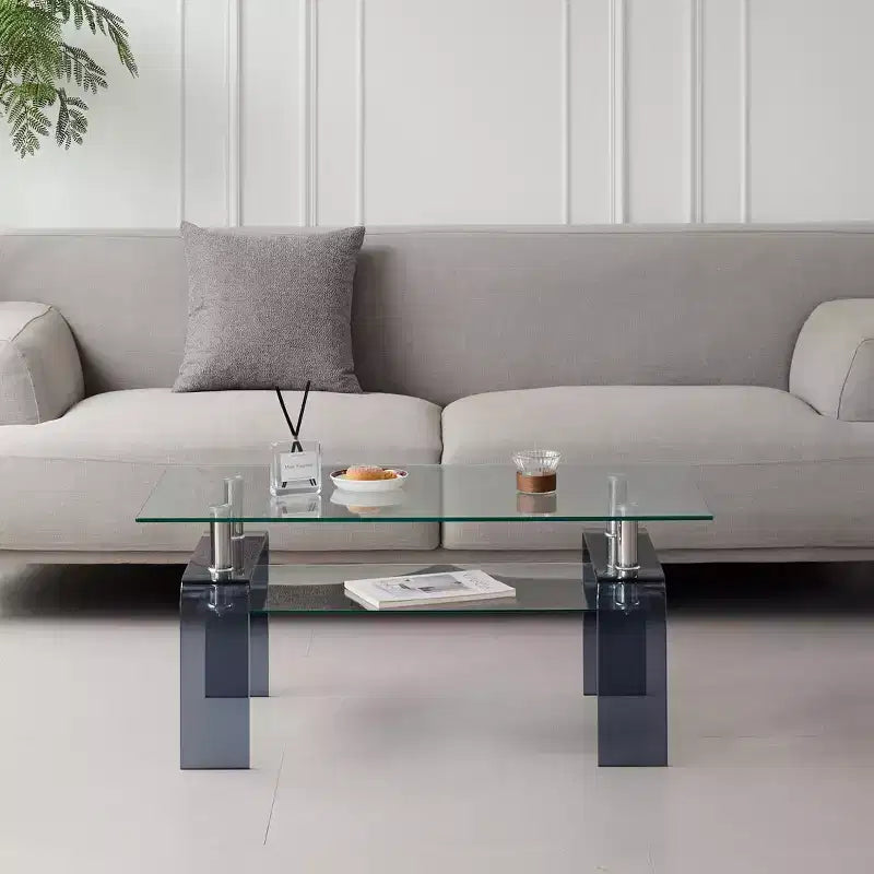 Tempered Glass Coffee Table, 2-Tier Modern Center Table with Storage and Smoke Gray Legs for Living Room