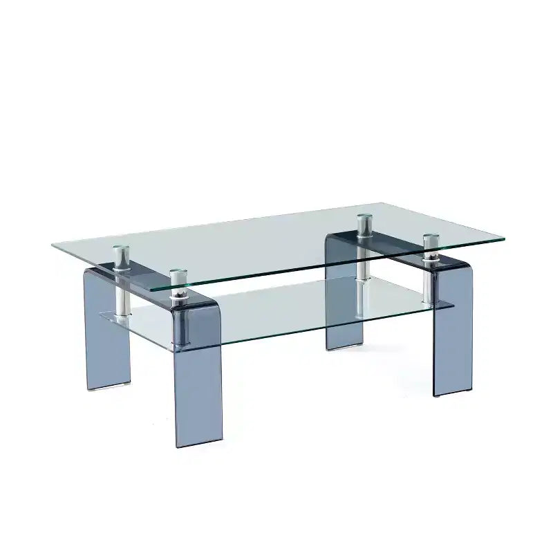 Tempered Glass Coffee Table, 2-Tier Modern Center Table with Storage and Smoke Gray Legs for Living Room