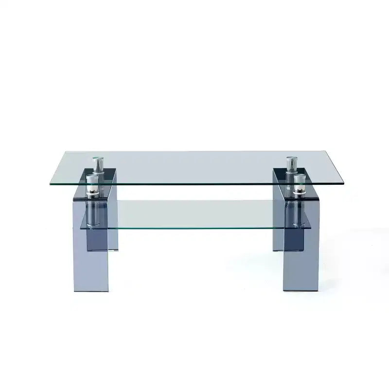 Tempered Glass Coffee Table, 2-Tier Modern Center Table with Storage and Smoke Gray Legs for Living Room