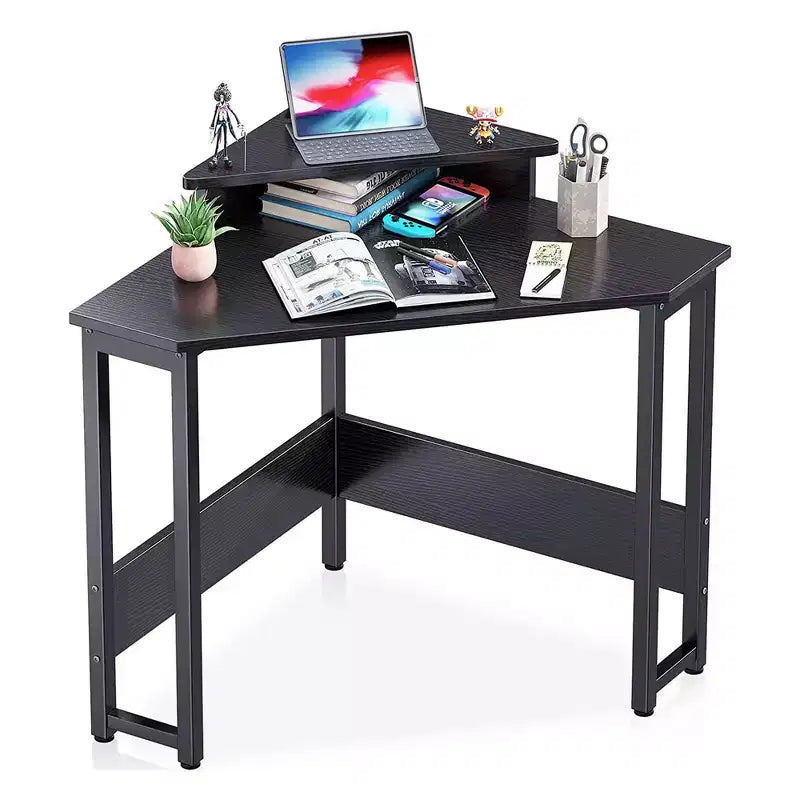 ODK B01XS01379-1 Modern Wooden Triangle Corner Fit Computer Workstation Desk with Durable Steel Frame and Raised Monitor Stand, White