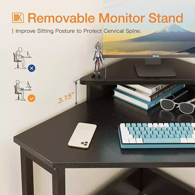 B01XS01379-1 Modern Wooden Triangle Corner Fit Computer Workstation Desk with Durable Steel Frame and Raised Monitor Stand, White