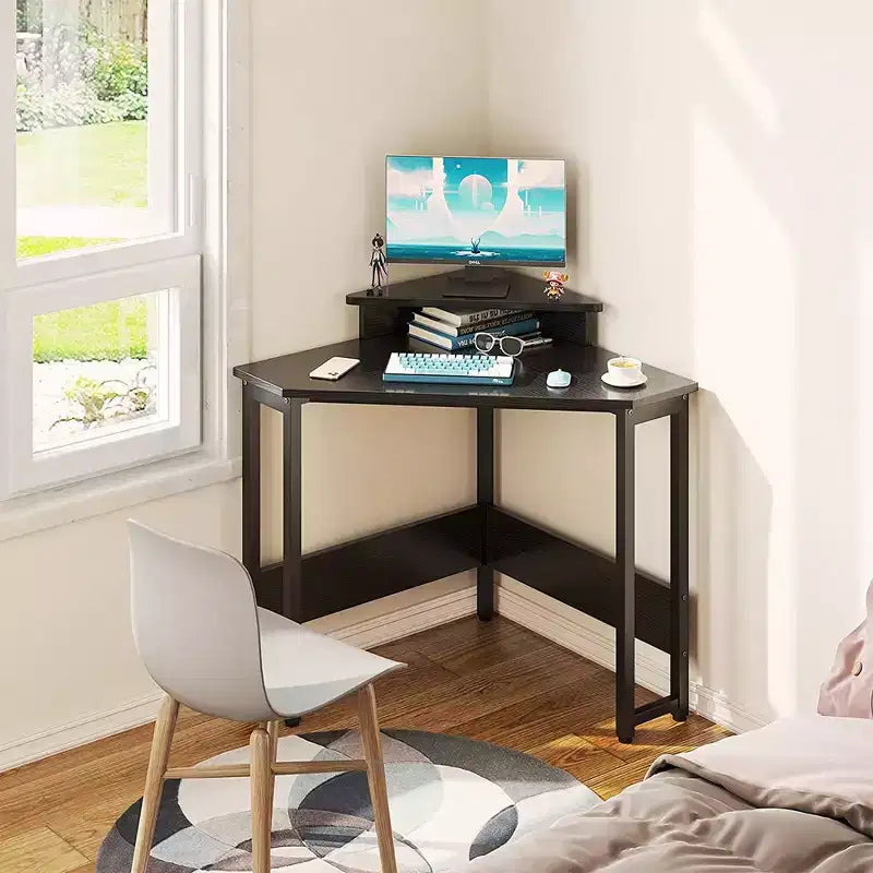 B01XS01379-1 Modern Wooden Triangle Corner Fit Computer Workstation Desk with Durable Steel Frame and Raised Monitor Stand, White