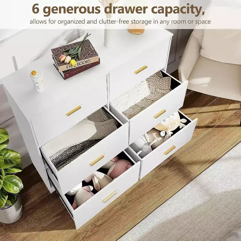 Dresser for Bedroom with 6 Drawers, Chest of Drawers with Metal Handle, Wooden Cabinet Organizer for Home Office