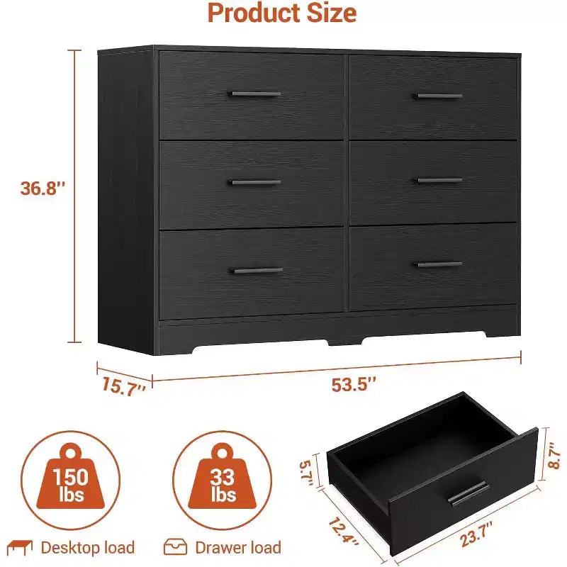 Dresser for Bedroom with 6 Drawers, Chest of Drawers with Metal Handle, Wooden Cabinet Organizer for Home Office
