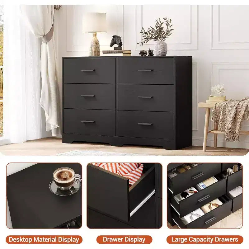 Dresser for Bedroom with 6 Drawers, Chest of Drawers with Metal Handle, Wooden Cabinet Organizer for Home Office