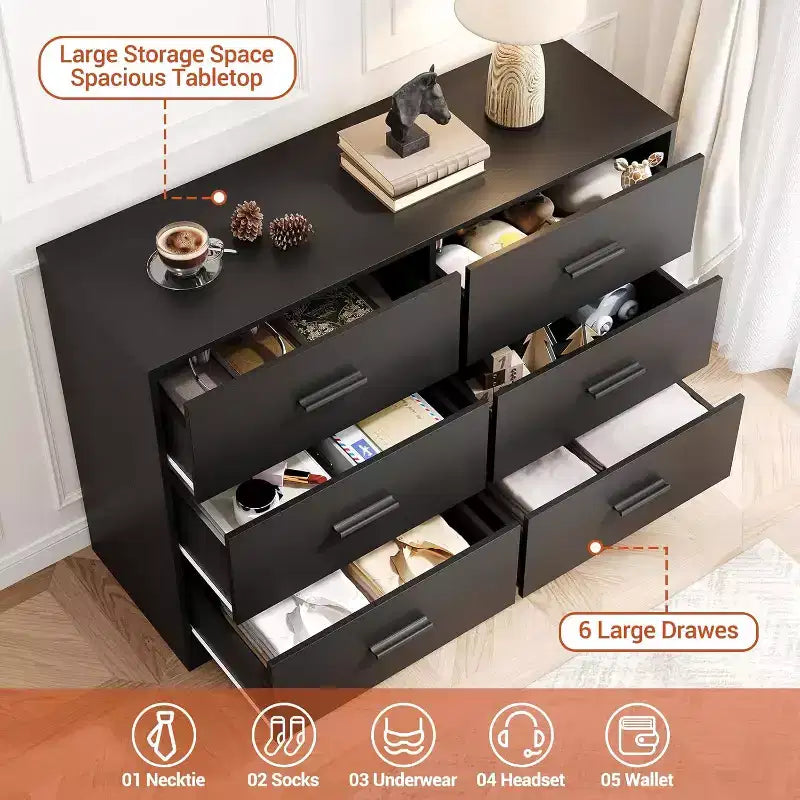 Dresser for Bedroom with 6 Drawers, Chest of Drawers with Metal Handle, Wooden Cabinet Organizer for Home Office