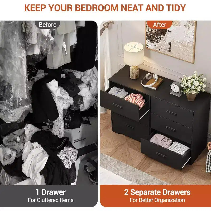 Dresser for Bedroom with 6 Drawers, Chest of Drawers with Metal Handle, Wooden Cabinet Organizer for Home Office