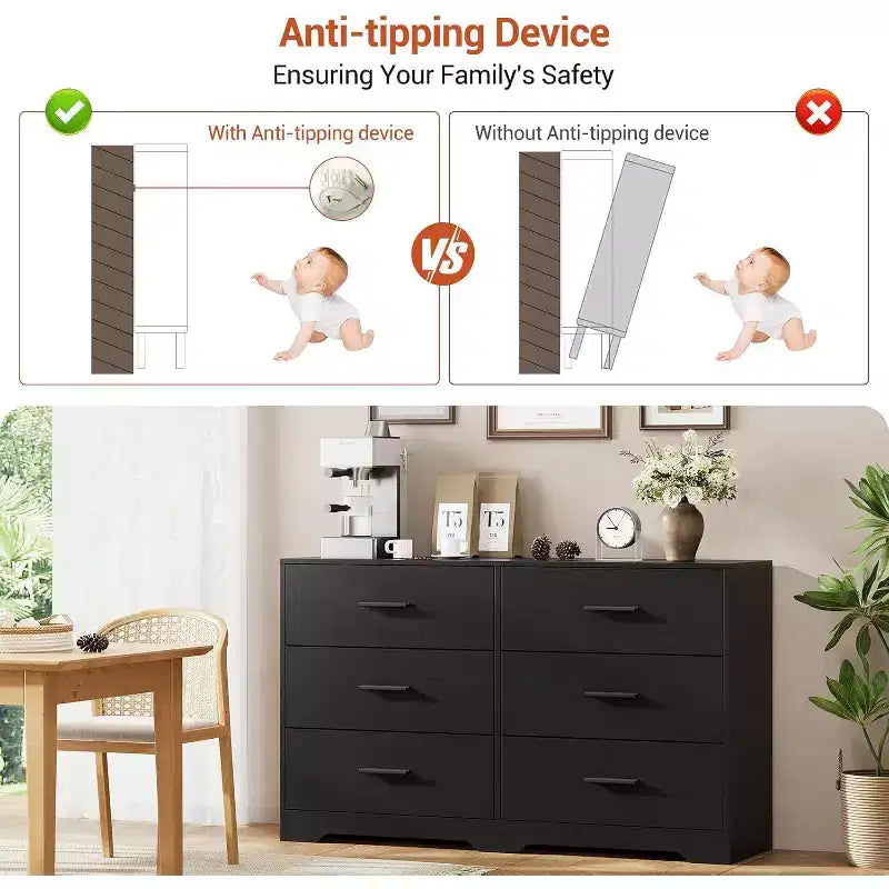 Dresser for Bedroom with 6 Drawers, Chest of Drawers with Metal Handle, Wooden Cabinet Organizer for Home Office