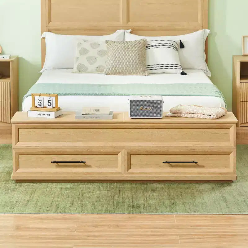 Queen/King Platform Bed Frame with Drawers, Storage Bench & 3D Geometric Headboard