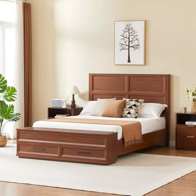 Queen/King Platform Bed Frame with Drawers, Storage Bench & 3D Geometric Headboard