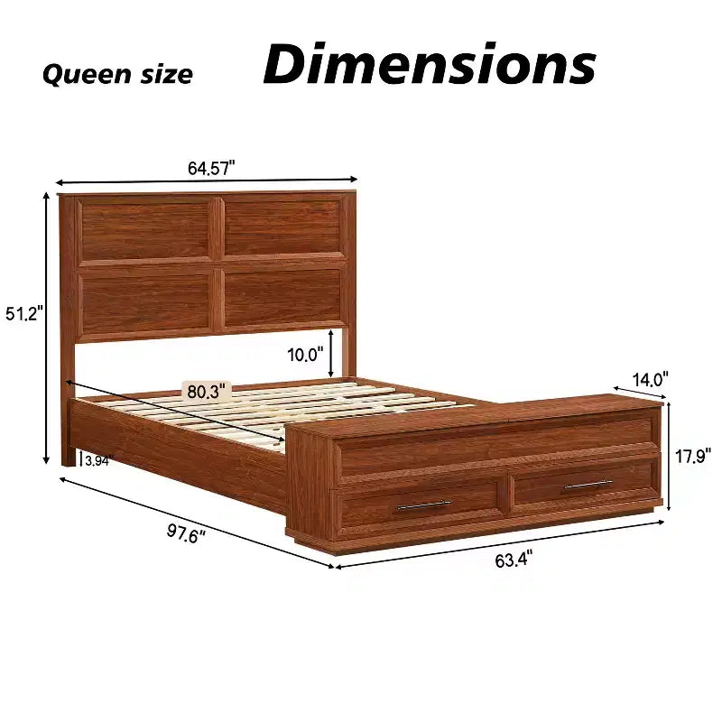 Queen/King Platform Bed Frame with Drawers, Storage Bench & 3D Geometric Headboard