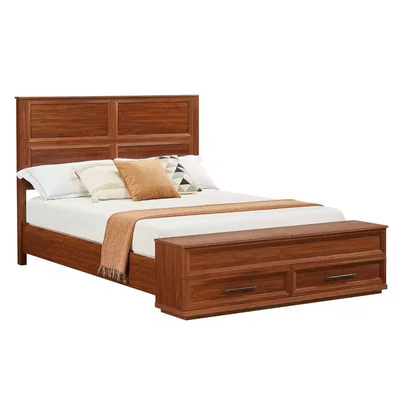 Queen/King Platform Bed Frame with Drawers, Storage Bench & 3D Geometric Headboard
