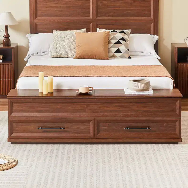 Queen/King Platform Bed Frame with Drawers, Storage Bench & 3D Geometric Headboard