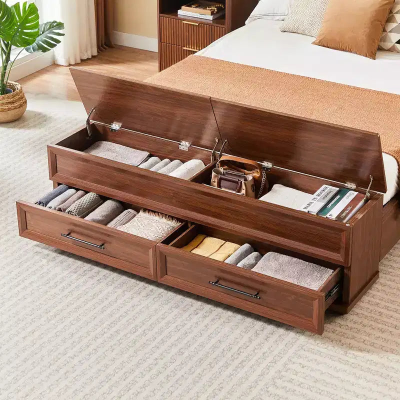 Queen/King Platform Bed Frame with Drawers, Storage Bench & 3D Geometric Headboard