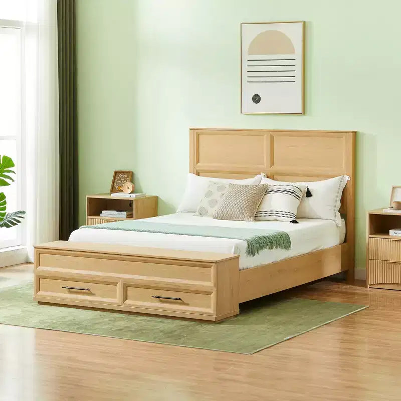 Queen/King Platform Bed Frame with Drawers, Storage Bench & 3D Geometric Headboard