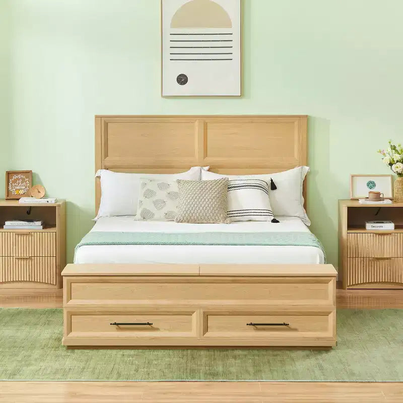 Queen/King Platform Bed Frame with Drawers, Storage Bench & 3D Geometric Headboard