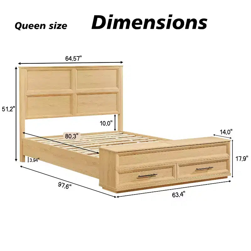 Queen/King Platform Bed Frame with Drawers, Storage Bench & 3D Geometric Headboard