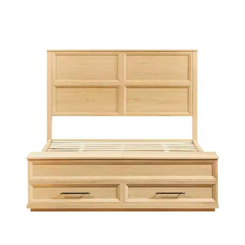 Queen/King Platform Bed Frame with Drawers, Storage Bench & 3D Geometric Headboard
