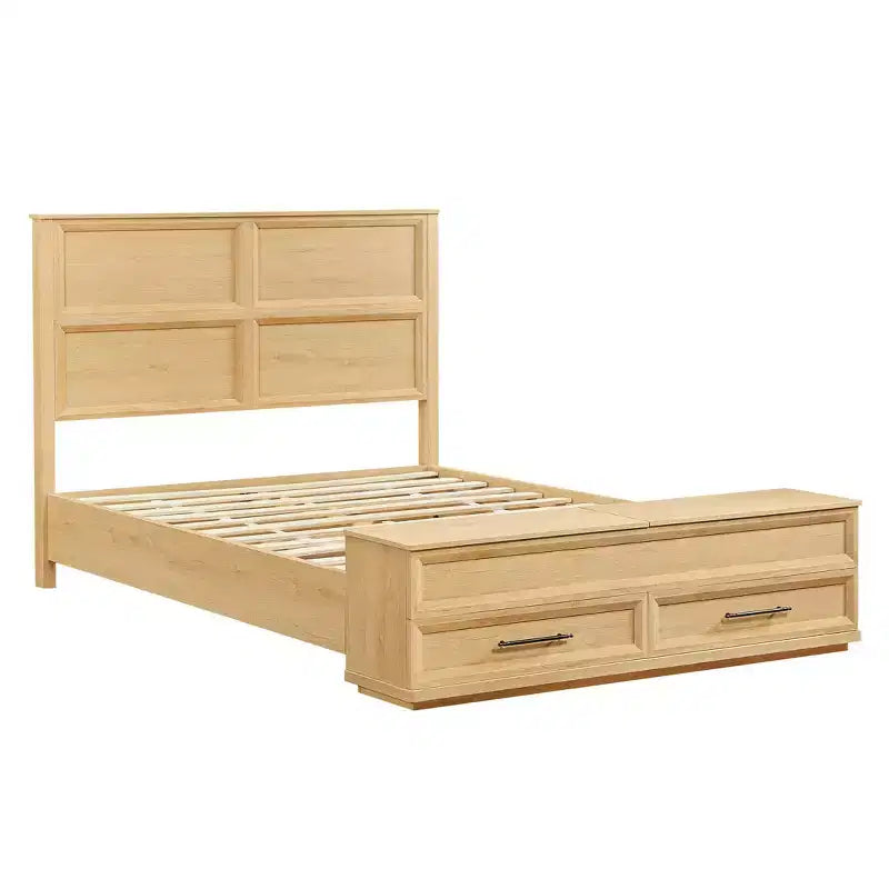 Queen/King Platform Bed Frame with Drawers, Storage Bench & 3D Geometric Headboard
