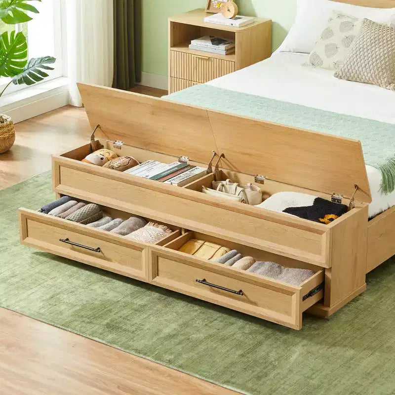 Queen/King Platform Bed Frame with Drawers, Storage Bench & 3D Geometric Headboard