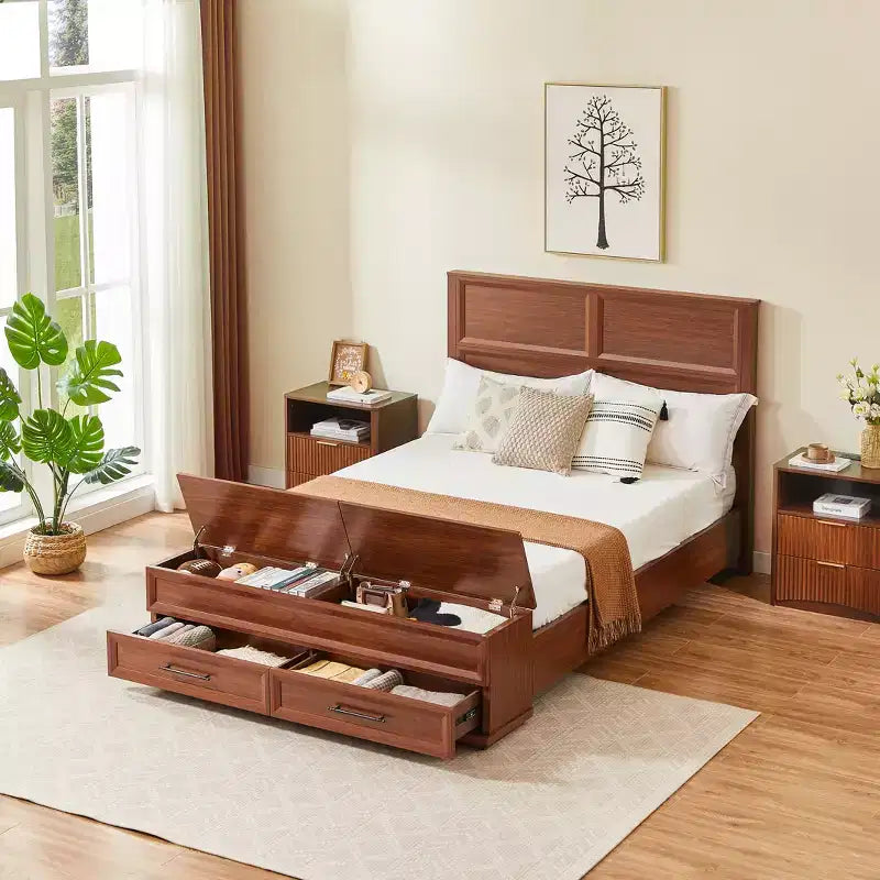 Queen/King Platform Bed Frame with Drawers, Storage Bench & 3D Geometric Headboard