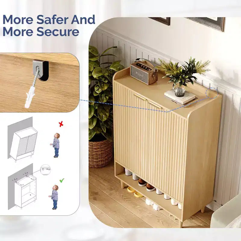 31.6 Inch 2 Door 1 Panel 1 Shelf Conical Leg Slatted Shoe Cabinet