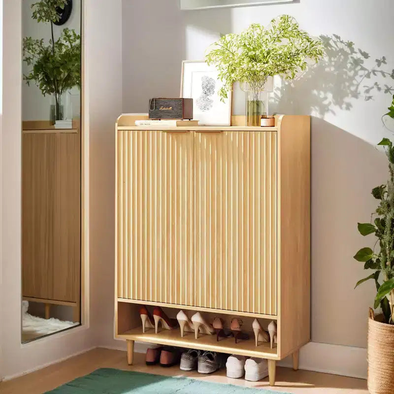 31.6 Inch 2 Door 1 Panel 1 Shelf Conical Leg Slatted Shoe Cabinet