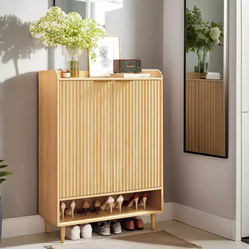 31.6 Inch 2 Door 1 Panel 1 Shelf Conical Leg Slatted Shoe Cabinet