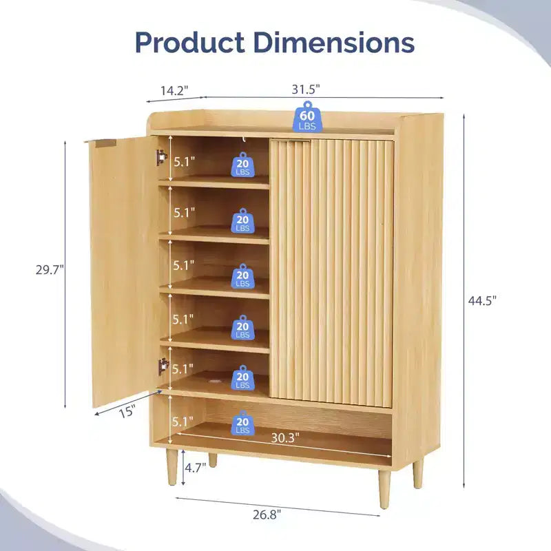 31.6 Inch 2 Door 1 Panel 1 Shelf Conical Leg Slatted Shoe Cabinet