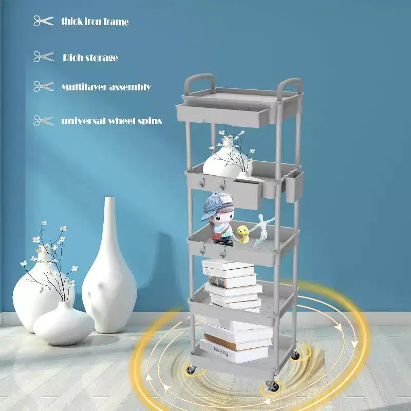 5 Tier Rolling Utility Cart with Drawer, Plastic Storage Organizer Cart with Wheels, Lockable Caster for Kitchen, Bathroom, Office, Bedroom