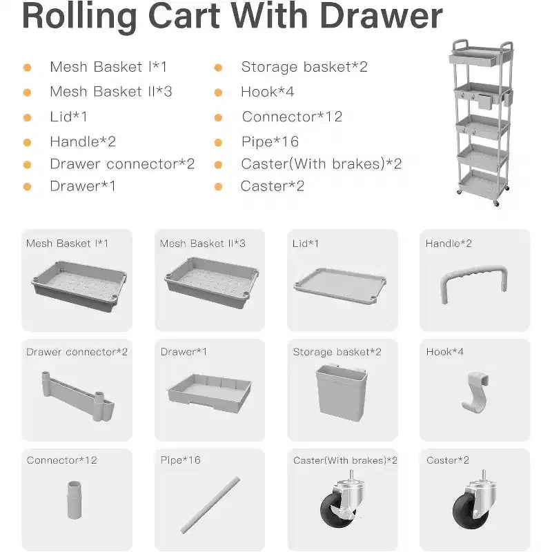 5 Tier Rolling Utility Cart with Drawer, Plastic Storage Organizer Cart with Wheels, Lockable Caster for Kitchen, Bathroom, Office, Bedroom