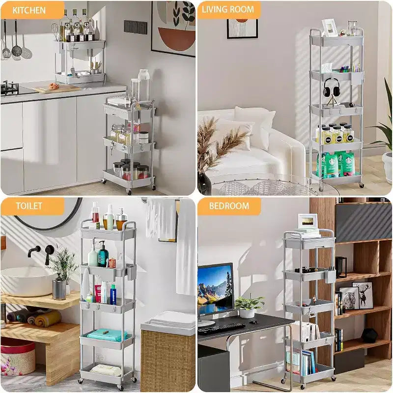 5 Tier Rolling Utility Cart with Drawer, Plastic Storage Organizer Cart with Wheels, Lockable Caster for Kitchen, Bathroom, Office, Bedroom