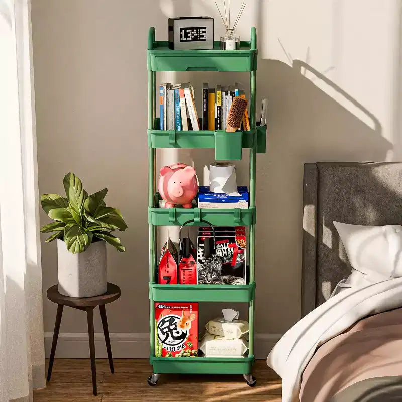 5 Tier Rolling Utility Cart with Drawer, Plastic Storage Organizer Cart with Wheels, Lockable Caster for Kitchen, Bathroom, Office, Bedroom
